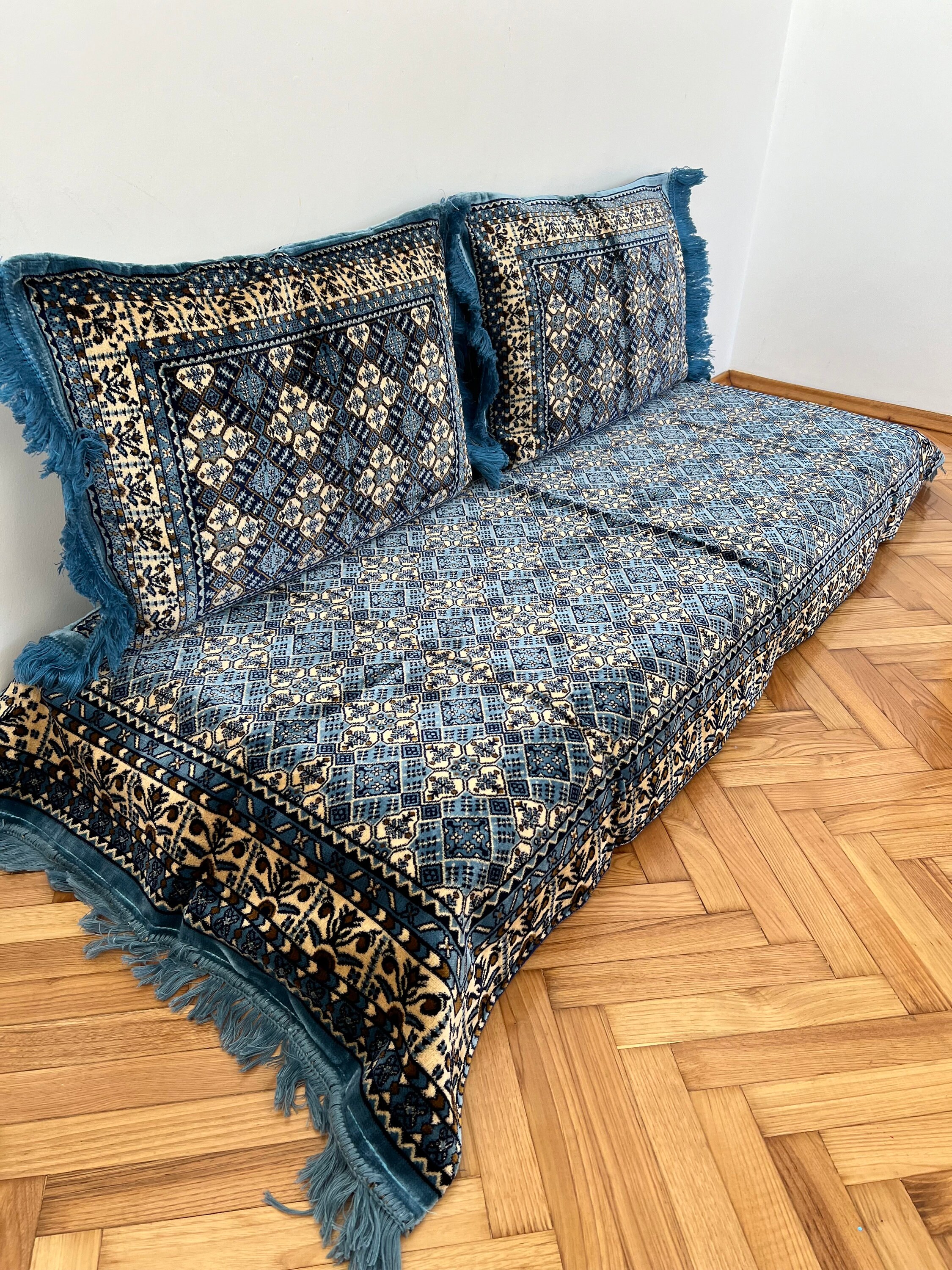 Arabic Sofa Set,Royal Blue Sectional Sofas,Floor Cushions,Pouffs Turkish Floor Seating Sofa cover,3 Piece Set 1x Bed + 2x Cushion cover
