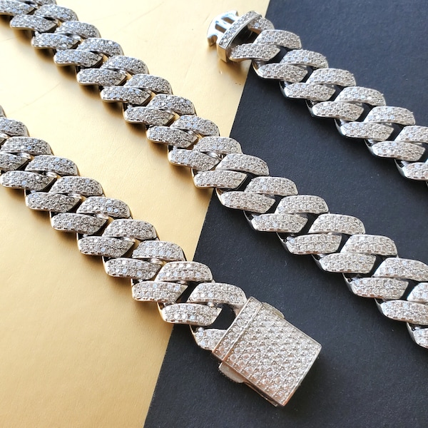 Final Sale 12mm Monaco Cuban Link Chain in 925 Sterling Silver CZ Necklace / Bracelet