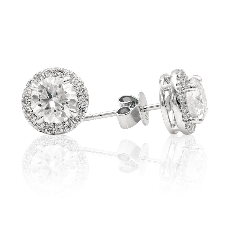 thumbnail interactive-video image 1 of 14K White Gold 8mm Round Moissanite Stud Earrings – 4 Ct Total, FL/D, Screw Back, GRA Certified 1 of 3