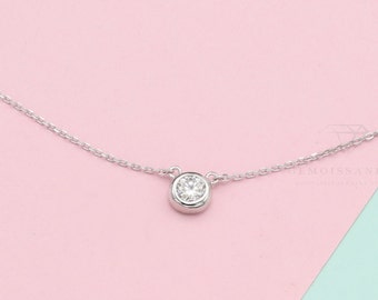 925 Sterling Silver 5mm/ 0.5 Carat Moissanite Diamond Bezel Setting Solitaire Style Necklace