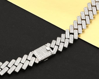 14K Solid White Gold Natural Diamond Miami Cuban Link Monaco Chain Necklace