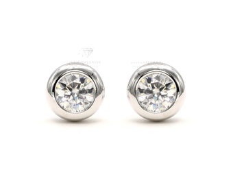 925 Sterling Silver 1 carat Moissanite Diamond Bezel Setting Earring Studs with GRA Certificate