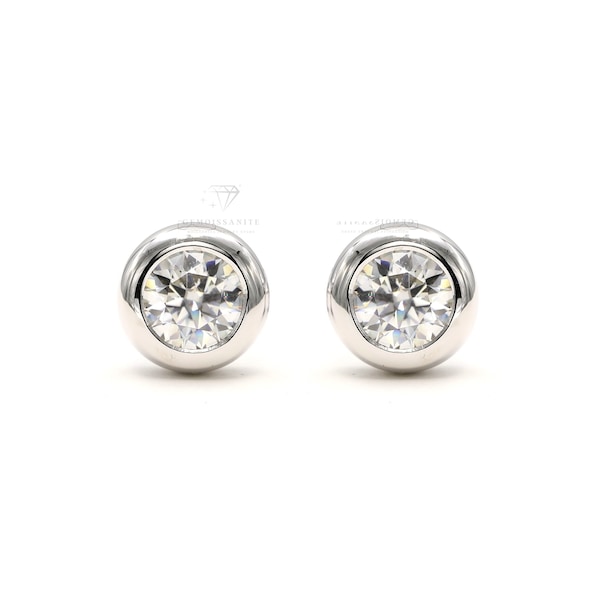 925 Sterling Silver 1 carat Moissanite Diamond Bezel Setting Earring Studs with GRA Certificate