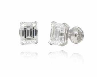 Emerald Cut Moissanite Stud Earrings, 6.0 CTW, 925 Sterling Silver