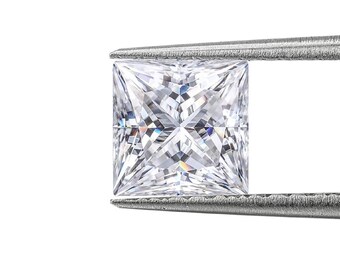 May include: A square-cut, clear diamond held by a pair of silver tweezers. The diamond's facets reflect light, creating a brilliant sparkle. The image is set against a plain white background, highlighting the gemstone's clarity and cut.