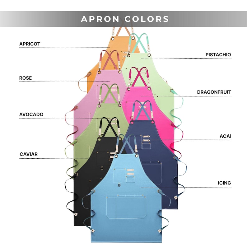 May include: A collection of aprons in various colors, including apricot, rose, avocado, caviar, pistachio, dragonfruit, acai, and icing. Each apron features a cross-back design with leather straps and a front pocket. The text "APRON COLORS" is at the top.
