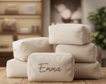Custom Embroidered Corduroy Makeup Bag, Personalized Cosmetic Bag, Monogram Travel Toiletry Pouch, Bridesmaid Makeup Bag, Bachelorette Gift
