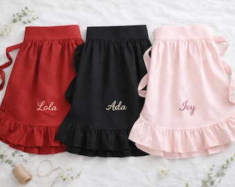Personalized Ruffle Waist Apron with Name, Custom Color Cooking Apron with Pocket, Cute Gift for Mom, Bridal Shower Gift
