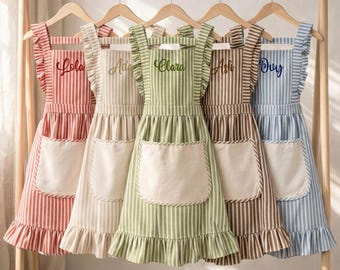 Personalized Striped Linen Apron, Embroidered Custom Name Apron, Kitchen Cooking Ruffle Vintage Chef Apron with Pockets, Gift for Mom