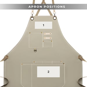 May include: A beige apron with leather straps and accents. The apron has two pockets and a small square pocket. The text "APRON POSITIONS" is at the top, with the numbers "1" and "2" on the apron.