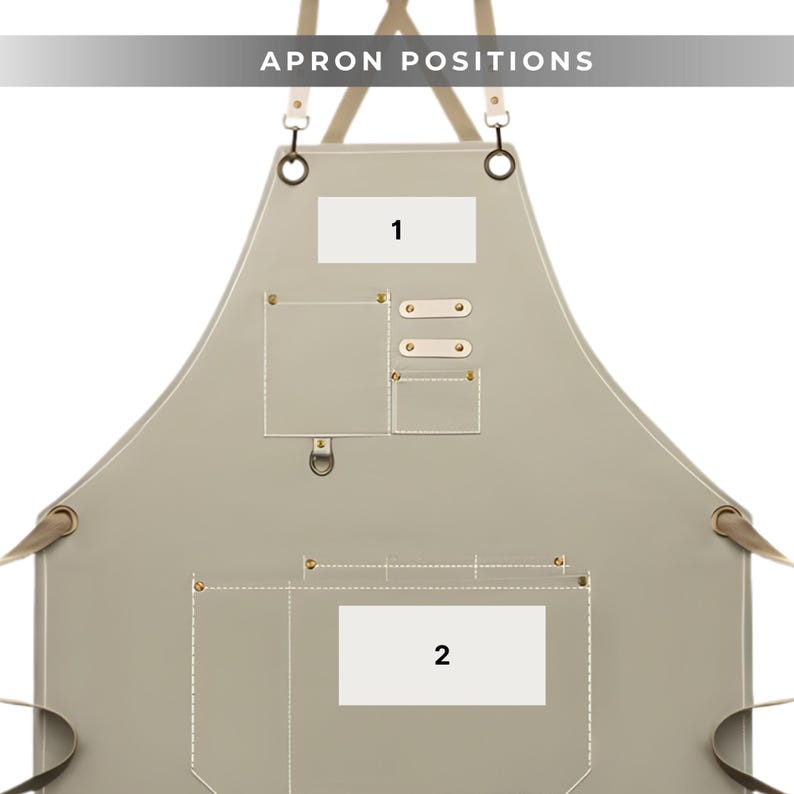 May include: A beige apron with leather straps and accents. The apron has two pockets and a small square pocket. The text "APRON POSITIONS" is at the top, with the numbers "1" and "2" on the apron.