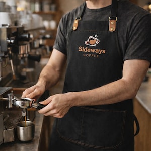 May include: A black apron with brown leather accents and the "Sideways Coffee" logo. The logo features a coffee cup with steam. The apron is worn by a person operating an espresso machine, pouring coffee into a metal cup.