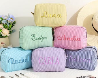 Custom Seersucker Makeup Bag, Wedding Gifts, Bridesmaid & Bridal Party Gift,Travel Cosmetic Organizer, Monogramed Makeup Bag,Bridesmaid Gift