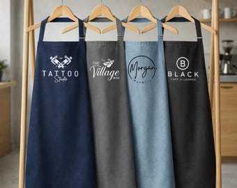 Personalized Embroidered Denim Apron with Name, Personalized Kitchen Apron, Cafe Barista Soft Uniform, Custom Denim Aprons, Mom Dad Gift