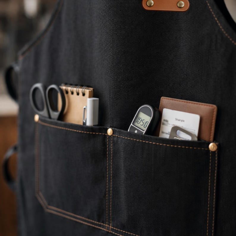 May include: Black apron with multiple pockets, featuring a notepad, pen, scissors, thermometer, and a small leather wallet. The apron has gold-colored rivets and brown stitching. The top of the apron has a brown leather strap with gold rivets.