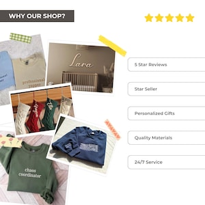 May include: A collage of product images, including a green sweatshirt with "chaos coordinator" text, a blue sweatshirt, and personalized Christmas stockings. Text includes "5 Star Reviews", "Star Seller", and "Personalized Gifts".