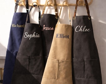 Personalized Embroidered Apron with Pockets, Custom Name Chef Kitchen BBQ Cooking