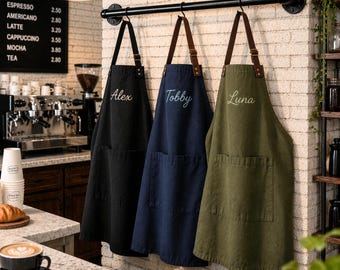 Custom Embroidered Apron with Name, Personalized Kitchen Cotton Apron with Pocket, Cafe Barista Uniform Apron, Custom Cooking Uniform Apron