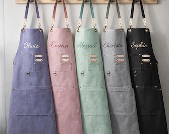 Custom Apron with Embroidered Name, Heavy Duty Cotton Canvas Apron with Pocket, Adjustable Barista Apron, Personalized Apron, Gift For Mom