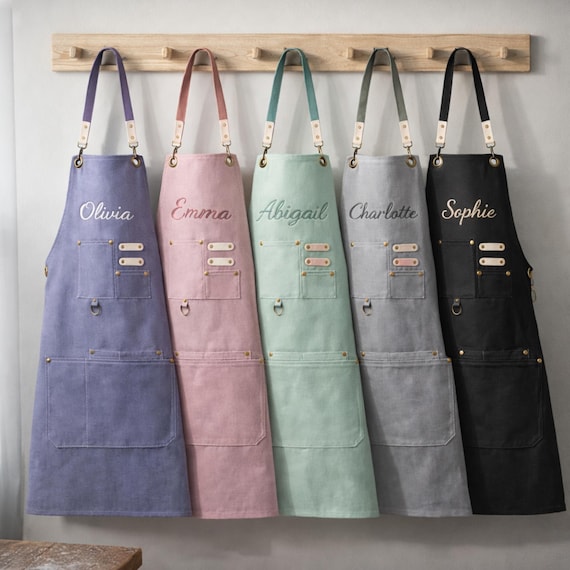 Custom Apron with Embroidered Name, Heavy Duty Cotton Canvas Apron with Pocket, Adjustable Barista Apron, Personalized Apron, Gift For Mom