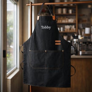 May include: Black apron with the name "Tobby" in white script. The apron has two front pockets, brown leather accents, and brass rivets. It is hanging on a copper-colored rod in a cafe setting.