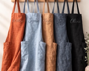 Custom Linen Pinafore Apron with Deep Pockets, Square Cross Back Linen Apron, Japanese Linen Apron Dress, Washed Tunic Apron, Gift For Mom