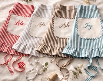 Personalized Ruffle Waist Apron with Name, Custom Striped Half Apron with Pocket, Cute Cooking Apron, Bridal Shower Gift for Her