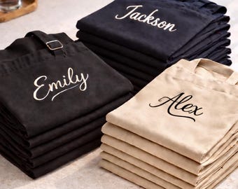 Bulk Embroidered Apron with Name, Personalized Company Unisex Kitchen Cotton Apron with Pocket, Cafe Barista Logo Aprons, Customized Aprons