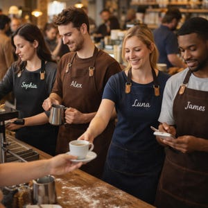 May include: Baristas in a coffee shop wearing aprons. The aprons are in various colors, including black, brown, and navy blue, with names embroidered on them. One barista is pouring milk, another is serving a cup of coffee.