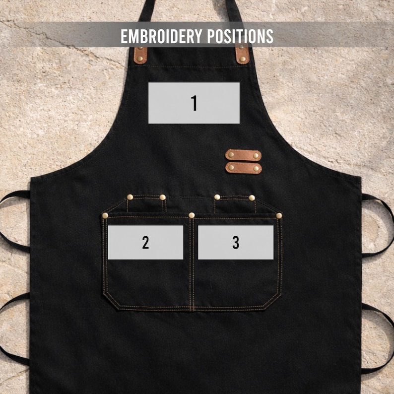 May include: Black apron with brown leather accents and pockets. The image shows the embroidery positions: 1, 2, and 3. The text "EMBROIDERY POSITIONS" is at the top. The apron has a pocket with two compartments.