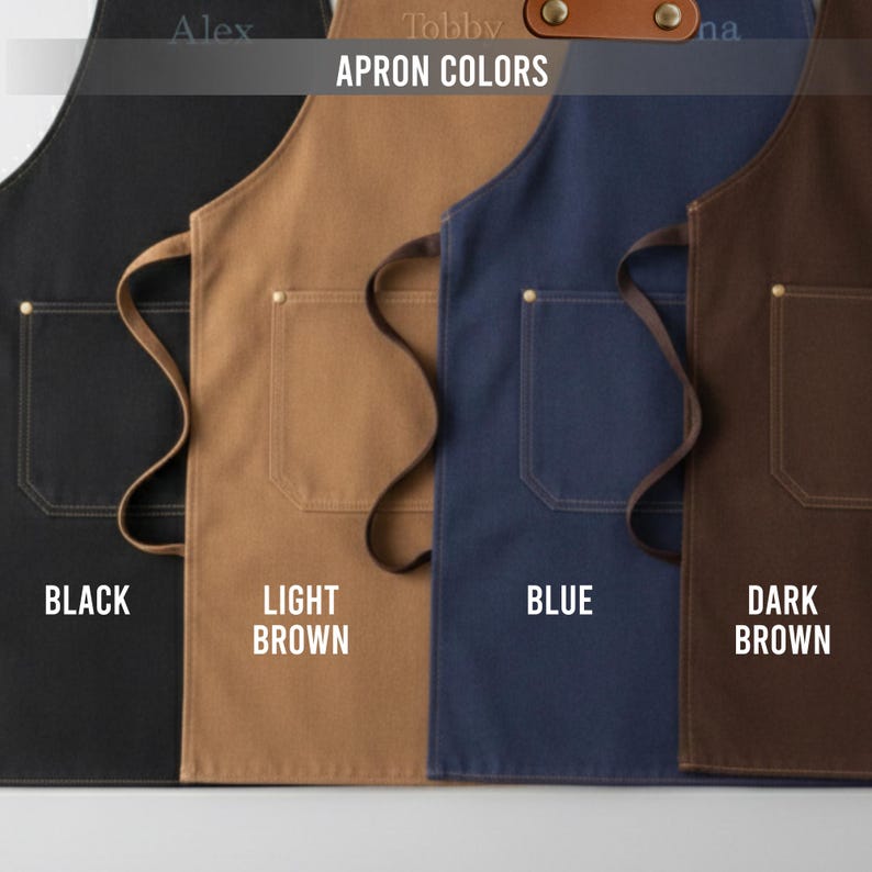 May include: Aprons in black, light brown, blue, and dark brown are displayed. Each apron has a front pocket and a leather neck strap. The text "APRON COLORS" is at the top, with the color names at the bottom of each apron.