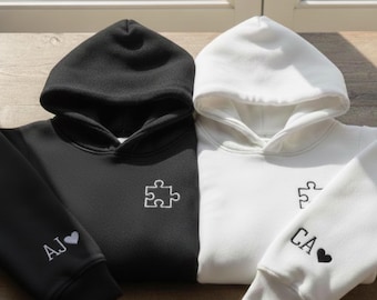 Custom Embroidered Sweatshirt, Heart Puzzle Piece Couples Hoodie, Initial with Heart on Sleeve, Anniversary Valentine’s Day Gift