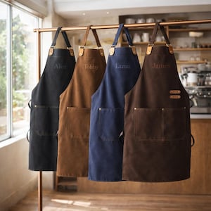May include: Four personalized aprons in black, brown, navy blue, and dark brown hang on a copper rod. Each apron has a large front pocket and leather accents. The names "Alex", "Tobby", "Luna", and "James" are embroidered on the aprons.