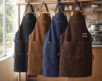 Custom Apron with Name, Personalized Kitchen Apron with Pocket, Cafe Barista Uniform Apron, Custom Cooking Apron for Projects, Mom Dad Gift