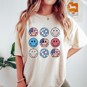 Smile Face USA Flag Comfort Shirt, USA Shirt, 4th of July Shirt Women, Patriotic Shirt, Red White Blue Shirts for Women, 4th of July Shirt