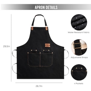 May include: Black apron with brown leather accents, two front pockets, and adjustable straps. The apron is 29.5 inches long and 26.7 inches wide. Features water-resistant fabric and four pockets. The text "APRON DETAILS" is at the top.