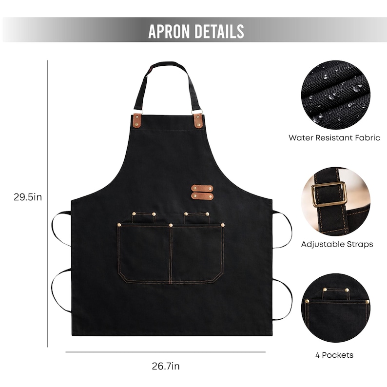May include: Black apron with brown leather accents, two front pockets, and adjustable straps. The apron is 29.5 inches long and 26.7 inches wide. Features water-resistant fabric and four pockets. The text "APRON DETAILS" is at the top.