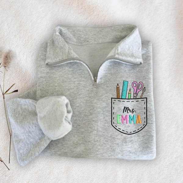 Embroidered Teacher Quarter-Zip Sweatshirt: Personalized Back to School Gift