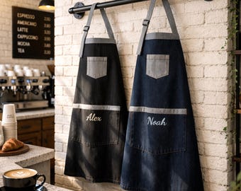Custom Denim Embroidered Apron with Name, Personalized Unisex Kitchen Cotton Apron with Pocket, Cafe Barista Uniform Apron, Custom Logo