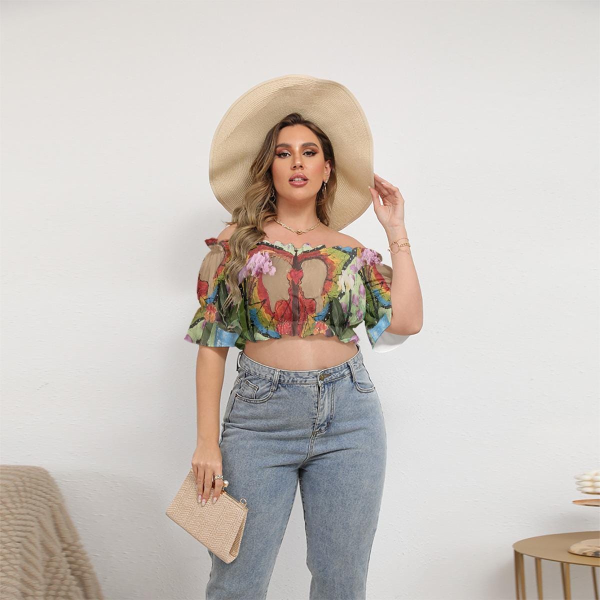 All-over print women's off-shoulder cropped top with short puff sleeve   this off-shoulder cropped t