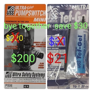 Puede incluir: Dos paquetes de productos marinos. Uno es un interruptor de bomba negro con el texto "Ultra Bilge Pumpswitch Mini" y "Handmade in the USA". El otro es un tubo de lubricante eliminador de corrosión "USS Tef-Gel".
