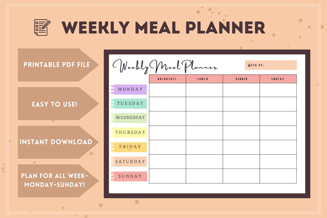 Weekly Meal Planner, Printable PDF, A4 Size, Easy to Use, Meal Prep