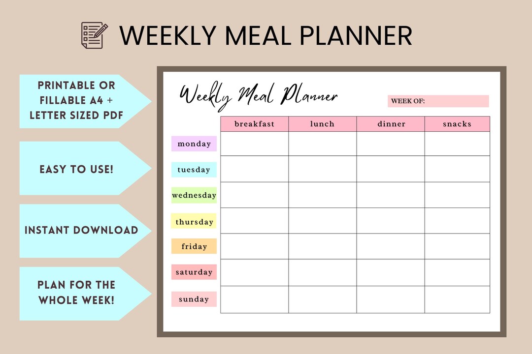 Weekly Meal Planner, Printable PDF, A4 Size, Letter Size (8.5 X 11 ...