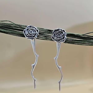 Rose Stem Dangle Earrings – Handmade Sterling Silver Floral Jewelry, Long Drop Flower Earrings, Romantic Gift for Her