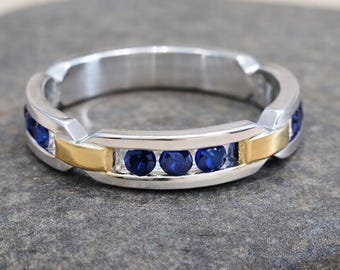 Men’s Sterling Silver Sapphire Ring -Gold Accent Wedding Band