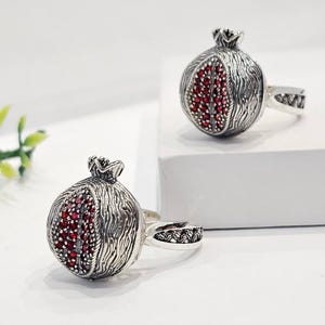 Pomegranate Ring – Red Garnet Persephone Ring, Silver Fruit Ring, Armenian Symbol Gift, Mythical Jewelry for Her, Unique Handmade Ring
