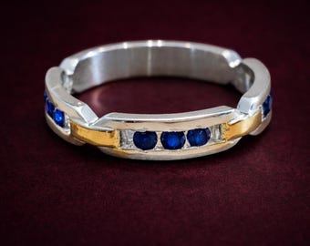 Mens Sapphire Ring Blue Gemstone Wedding Band Channel Set Minimalist Two Tone Gift Him