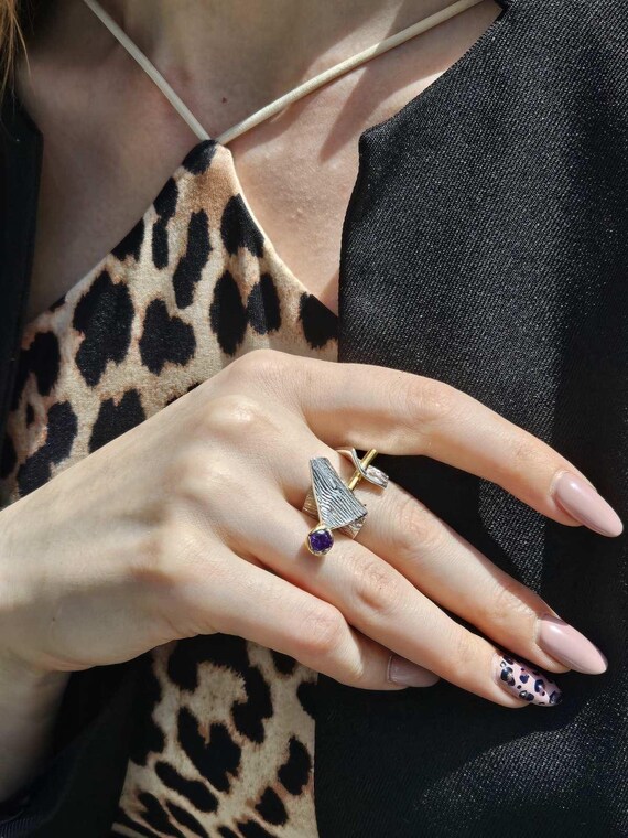 Amethyst Silver Signet Meteorite Ring for Women – Chunky Art Deco