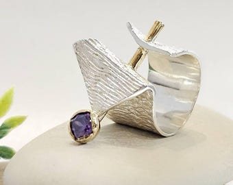 Grande bague en améthyste druzy – Bague en pierre violette brute pour femme – Bijoux en cristal d'améthyste – Bague arménienne faite main – Cadeau au design géométrique