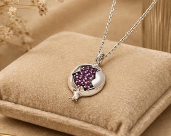 Pomegranate Necklace Garnet Silver Pendant Persephone Jewelry Gift for Girlfriend Armenian Design
